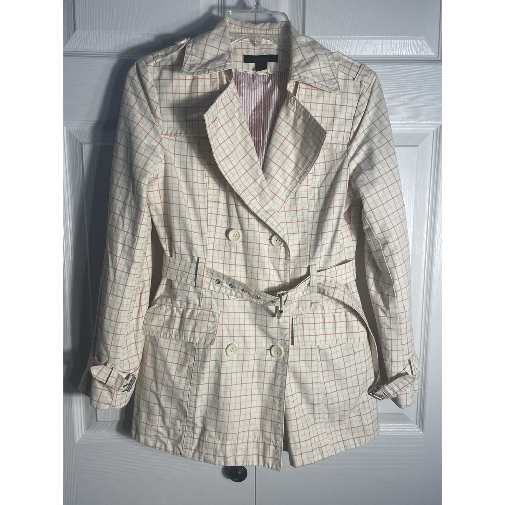 Vintage Express Trench Coat Women XS Beige Pink Plaid Y2K Belted Double Breasted